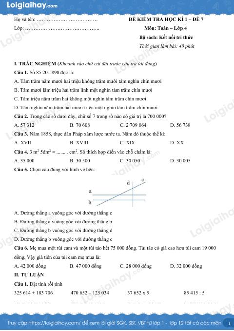 Đề kiểm tra học kì 1 Toán 4 Kết nối tri thức - Đề số 7